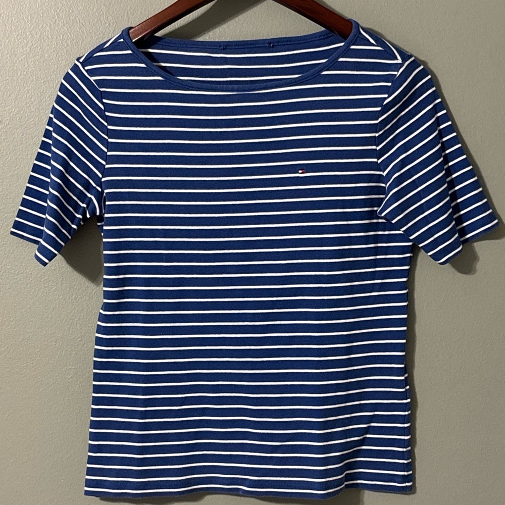 Blue and White Striped Women's Tee